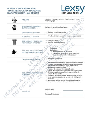 Lexsy - Documentazione Legale Semplificata - Nomina GDPR
